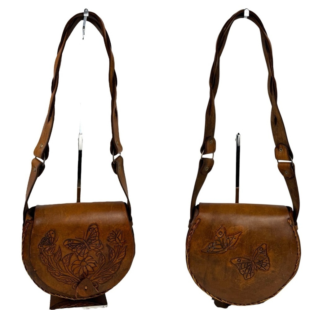 Vintage Floral Butterfly Tooled Thick Leather Braided Shoulder Bag Brown Hippie
